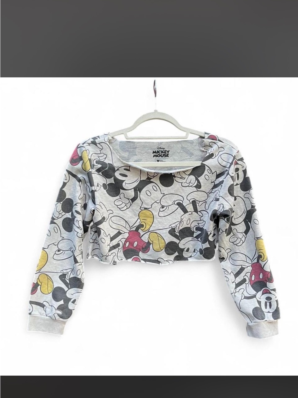 Disney Grey Mickey Mouse Cropped Sweatshirt with Red & Yellow Accents